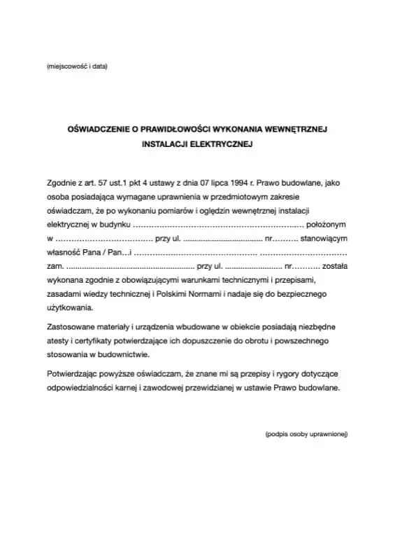 Oświadczenie o prawidłowości wykonania wewnętrznej instalacji elektrycznej Oświadczenie o prawidłowości wykonania wewnętrznej instalacji elektrycznej